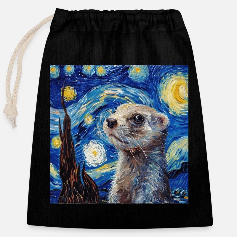Ferret, Van Gogh, Gift - Closable cotton gift bag (25x30cm) - black