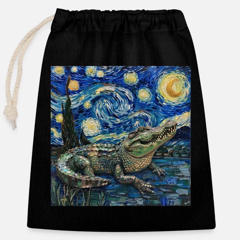 Crocodile, Alligator, Van Gogh, Starry Night - Closable cotton gift bag (25x30cm) - black