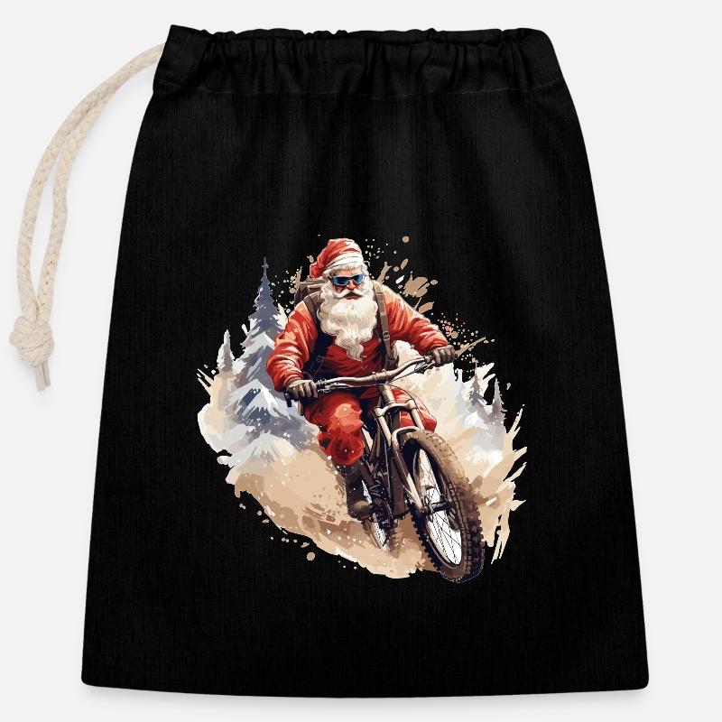 Père Noël cool avec VTT - Sac cadeau en coton avec cordon (25 x 30 cm) - noir