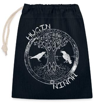 Sagesse nordique : Hugin et Munin dans l’arbre de vie - Sac cadeau en coton avec cordon (25 x 30 cm) - bleu marine - Devant