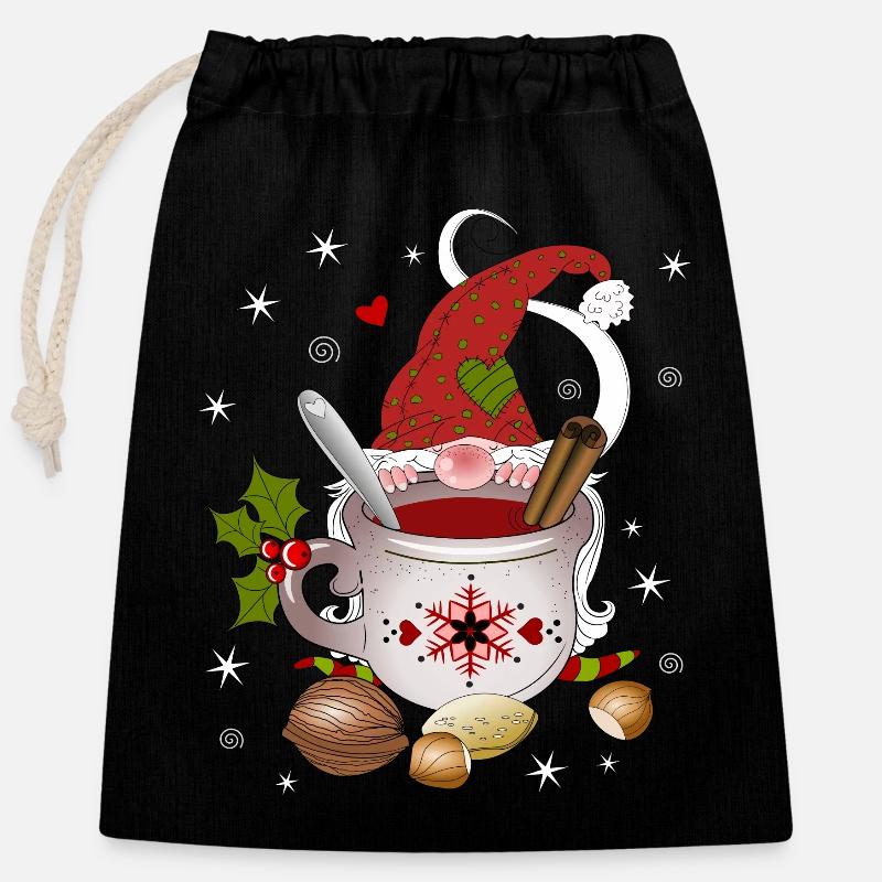 Gnome Nain Noël Fruit Thé Elfes Noix - Sac cadeau en coton avec cordon (25 x 30 cm) - noir
