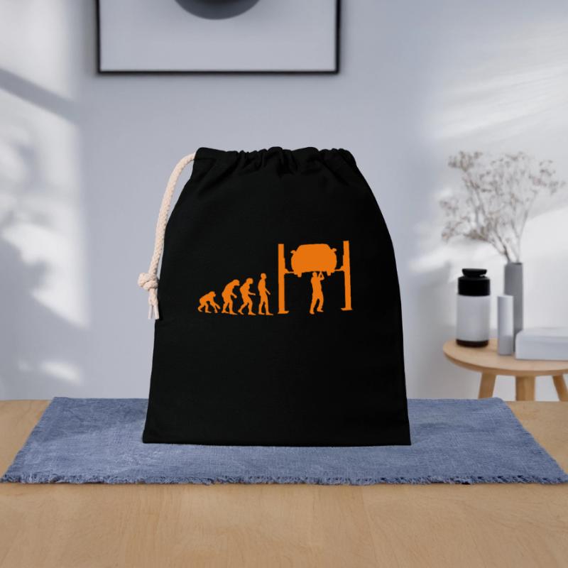 Car mechanic lifting platform Evolution monkey human Closable cotton gift bag (25x30cm)