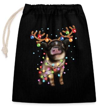 Christmas Piggie - Süßes Schweinchen Weihnachten Weihnachtsschwein - Verschließbarer Geschenkbeutel aus Baumwolle (25x30cm) - Schwarz - Vorne