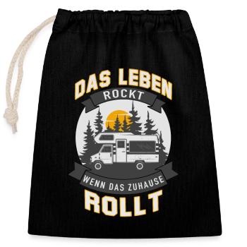 Das Leben rockt wenn das Zuhause rollt - Verschließbarer Geschenkbeutel aus Baumwolle (25x30cm) - Schwarz - Vorne