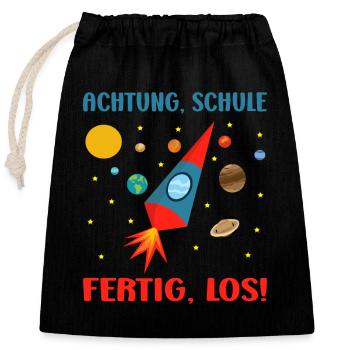 Einschulung Junge Rakete Schulkind Schultüte - Verschließbarer Geschenkbeutel aus Baumwolle (25x30cm) - Schwarz - Vorne