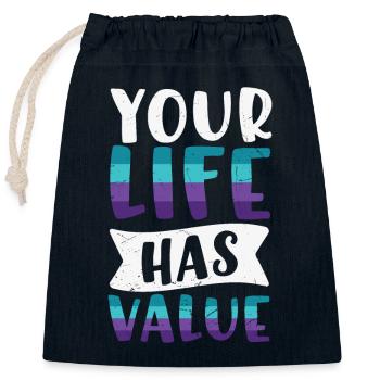 Prévention du suicide Votre vie a de la valeur - Sac cadeau en coton avec cordon (25 x 30 cm) - bleu marine - Devant