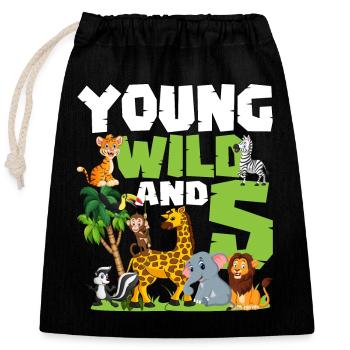 Jeune Sauvage et 5 | Anniversaire sur le thème des animaux safari - Sac cadeau en coton avec cordon (25 x 30 cm) - noir - Devant