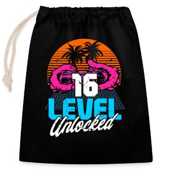 Level 16 Unlocked 16. Geburtstag Gamer 80er retro - Verschließbarer Geschenkbeutel aus Baumwolle (25x30cm) - Schwarz - Vorne