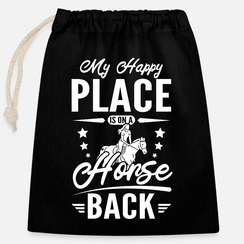 Mon endroit heureux est sur un dos de cheval - Sac cadeau en coton avec cordon (25 x 30 cm) - noir