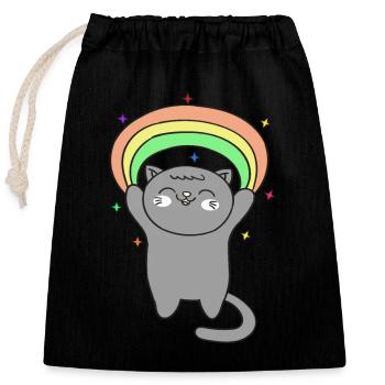 Süße Katze mit Regenbogen - Verschließbarer Geschenkbeutel aus Baumwolle (25x30cm) - Schwarz - Vorne