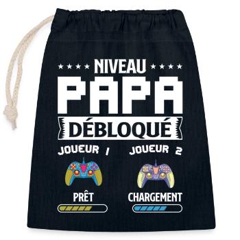Niveau papa débloqué, Futur Papa Gamer - Sac cadeau en coton avec cordon (25 x 30 cm) - bleu marine - Devant