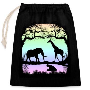 Night picture with giraffe, elephant, hippo in Africa - Closable cotton gift bag (25x30cm) - black - Front