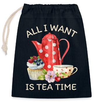 Buveur de thé, thé avec théière et cupcake - Sac cadeau en coton avec cordon (25 x 30 cm) - bleu marine - Devant