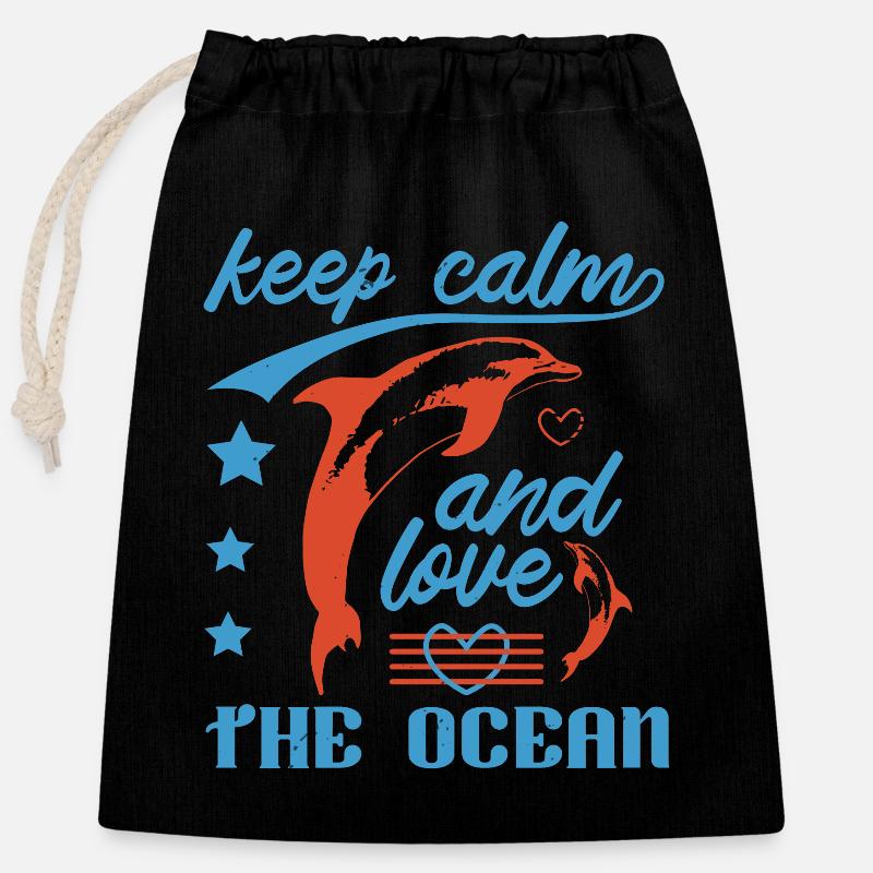 KEEP CALM AND LOVE DOLPHINS - Closable cotton gift bag (25x30cm) - black