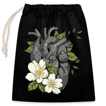 Cœur anatomique et fleurs - Sac cadeau en coton avec cordon (25 x 30 cm) - noir - Devant