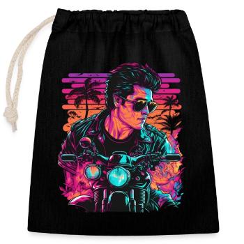 Retro Biker Illustration Moto Synthwave Art - Sac cadeau en coton avec cordon (25 x 30 cm) - noir - Devant