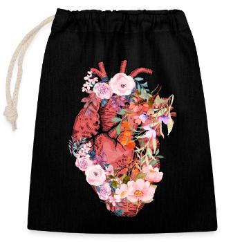 Cœur anatomique et fleurs - Sac cadeau en coton avec cordon (25 x 30 cm) - noir - Devant