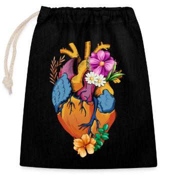 Cœur anatomique et fleurs - Sac cadeau en coton avec cordon (25 x 30 cm) - noir - Devant