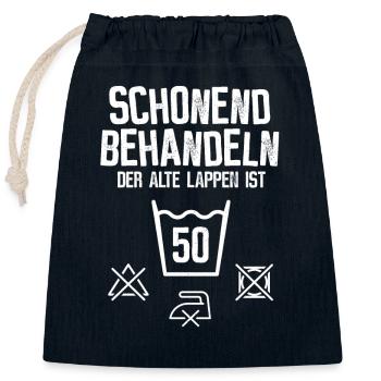 50. Geburtstag - schonend behandeln - Verschließbarer Geschenkbeutel aus Baumwolle (25x30cm) - Navy - Vorne