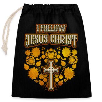 Jesus Christ, vintage folk art, cross, saying - Closable cotton gift bag (25x30cm) - black - Front
