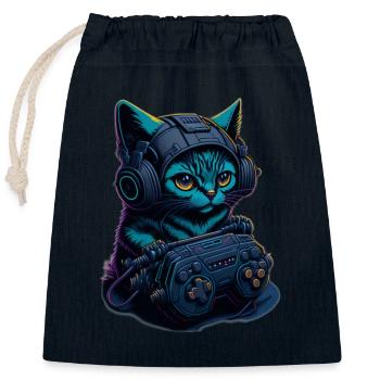 Chat de jeu - Sac cadeau en coton avec cordon (25 x 30 cm) - bleu marine - Devant