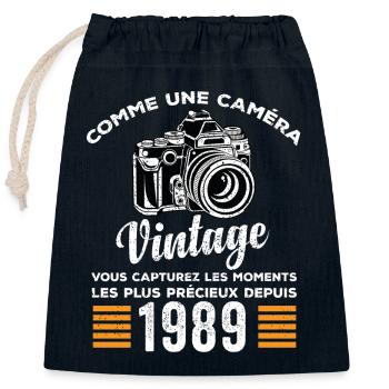 Caméra vintage 1989 cadeau anniversaire humour - Sac cadeau en coton avec cordon (25 x 30 cm) - bleu marine - Devant