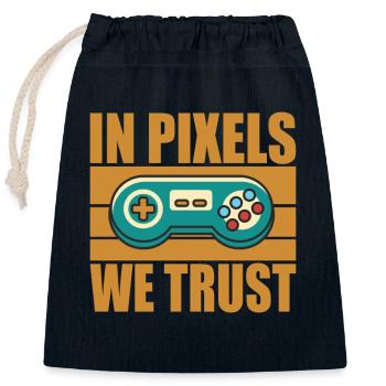 In Pixels we Trust old school gaming quote - Closable cotton gift bag (25x30cm) - navy - Front