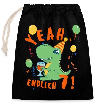 Yeah Dino endlich 7 - Verschließbarer Geschenkbeutel aus Baumwolle (25x30cm) - Schwarz - Vorne
