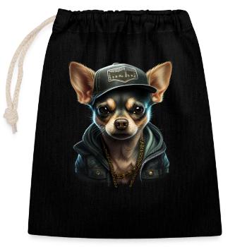 Chihuahua | Chien Cool | Rap | Hip-Hop | Gangster - Sac cadeau en coton avec cordon (25 x 30 cm) - noir - Devant