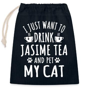 Tenue de thé au jasmin et de chat pour les propriétaires de chats - Sac cadeau en coton avec cordon (25 x 30 cm) - bleu marine - Devant