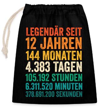 12 Jahre Zwölfter Geburtstag - Verschließbarer Geschenkbeutel aus Baumwolle (25x30cm) - Schwarz - Vorne