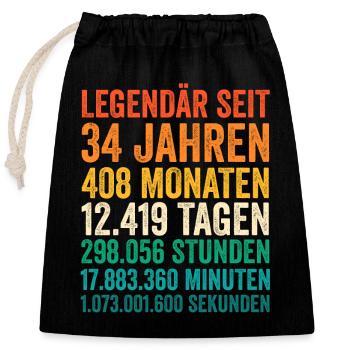 34 Jahre Vierunddreißigster Geburtstag - Verschließbarer Geschenkbeutel aus Baumwolle (25x30cm) - Schwarz - Vorne