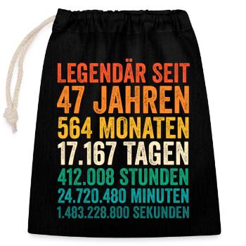 47 Jahre Siebenundvierzigster Geburtstag - Verschließbarer Geschenkbeutel aus Baumwolle (25x30cm) - Schwarz - Vorne