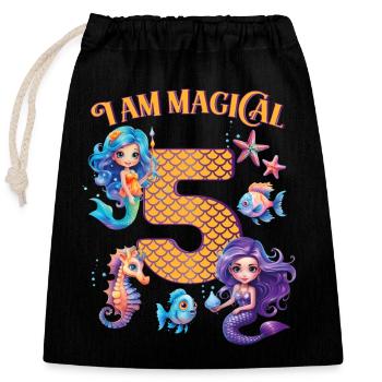 Anniversaire de la sirène 5 ans - Sac cadeau en coton avec cordon (25 x 30 cm) - noir - Devant