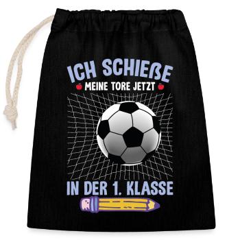 1. Klasse Einschulung Fußball - Verschließbarer Geschenkbeutel aus Baumwolle (25x30cm) - Schwarz - Vorne