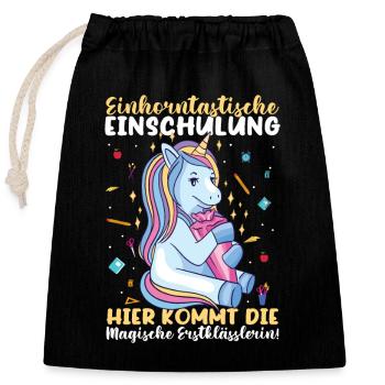 Erste Klasse Einhorn Grundschule - Verschließbarer Geschenkbeutel aus Baumwolle (25x30cm) - Schwarz - Vorne