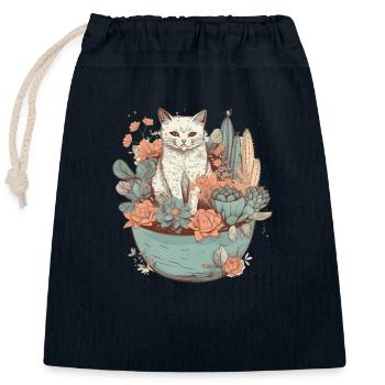 Chat dessiné dans un pot de fleurs - Sac cadeau en coton avec cordon (25 x 30 cm) - bleu marine - Devant