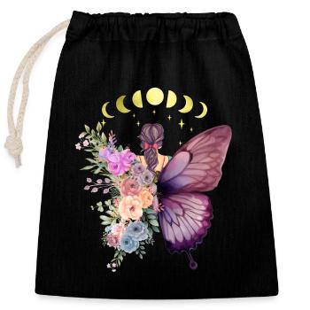 Femme et papillon, Fleurs, Changement, Belle - Sac cadeau en coton avec cordon (25 x 30 cm) - noir - Devant