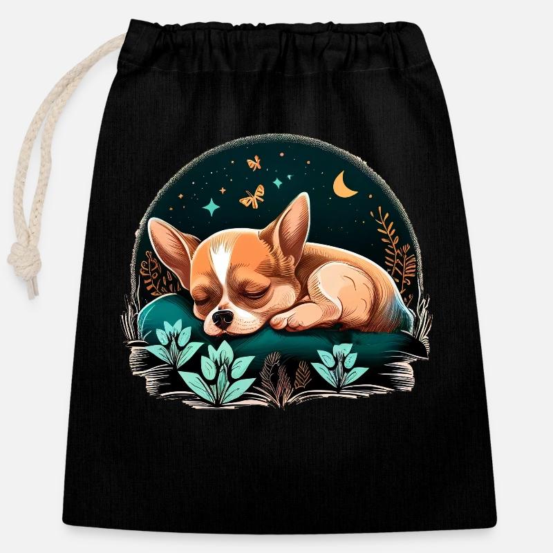 Chihuahua | Dodo du dimanche Chien Bonne nuit - Sac cadeau en coton avec cordon (25 x 30 cm) - noir