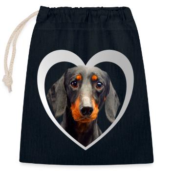 Amoureux des chiens - Cœur de chien - Teckel - Sac cadeau en coton avec cordon (25 x 30 cm) - bleu marine - Devant