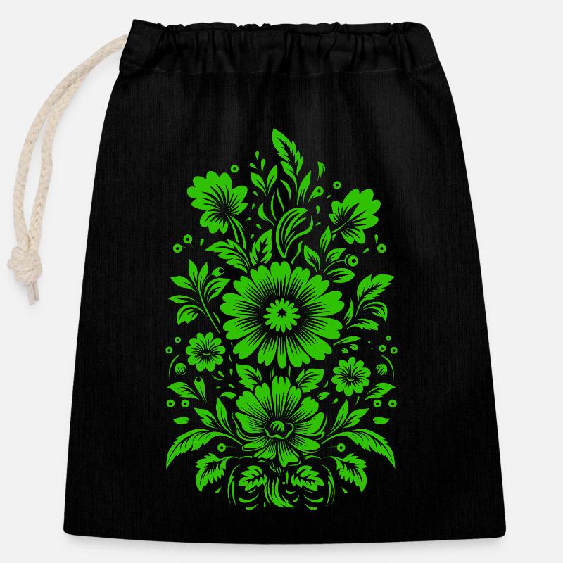 Beautiful green floral pattern - Closable cotton gift bag (25x30cm) - black