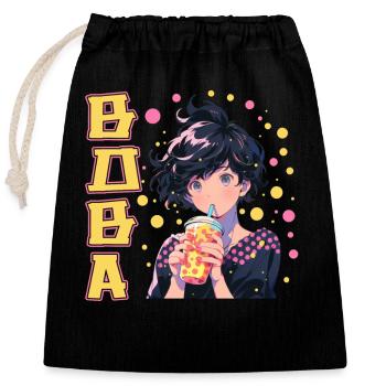 Anime and Boba Bubble Tea - Closable cotton gift bag (25x30cm) - black - Front