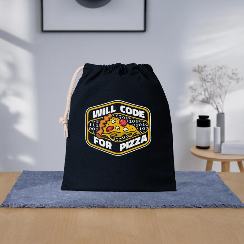 Will Code For Pizza Developer Coder Programmer Sac cadeau en coton avec cordon (25 x 30 cm)