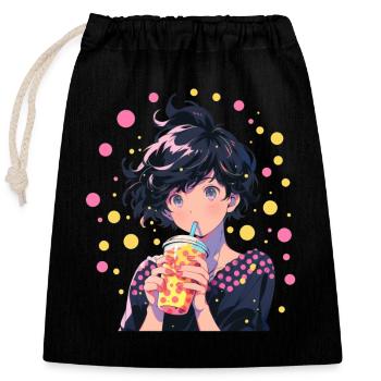 Anime and Boba Bubble Tea - Closable cotton gift bag (25x30cm) - black - Front