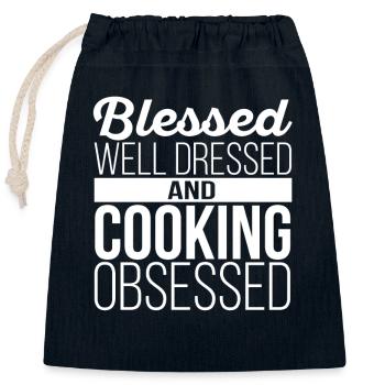 , well-dressed, and obsessed with cooking - Closable cotton gift bag (25x30cm) - navy - Front