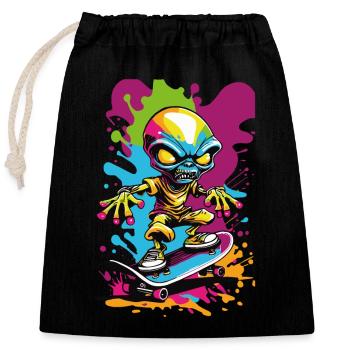 Alien on Skateboard Colorful Graffiti Illustration - Closable cotton gift bag (25x30cm) - black - Front