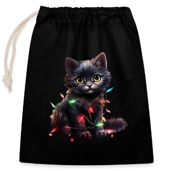 Lumières de Noël Cat Noël - Sac cadeau en coton avec cordon (25 x 30 cm) - noir - Devant