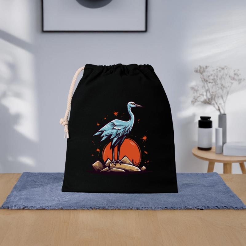 Graureiher oder Storch Vogel und eine rote Sonne Verschließbarer Geschenkbeutel aus Baumwolle (25x30cm)
