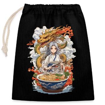Kawaii Ramen Girl & Drache Manga Suppen Design - Verschließbarer Geschenkbeutel aus Baumwolle (25x30cm) - Schwarz - Vorne