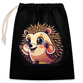 Niedlicher Cartoon Igel in fröhlicher Pose - Verschließbarer Geschenkbeutel aus Baumwolle (25x30cm) - Schwarz - Vorne